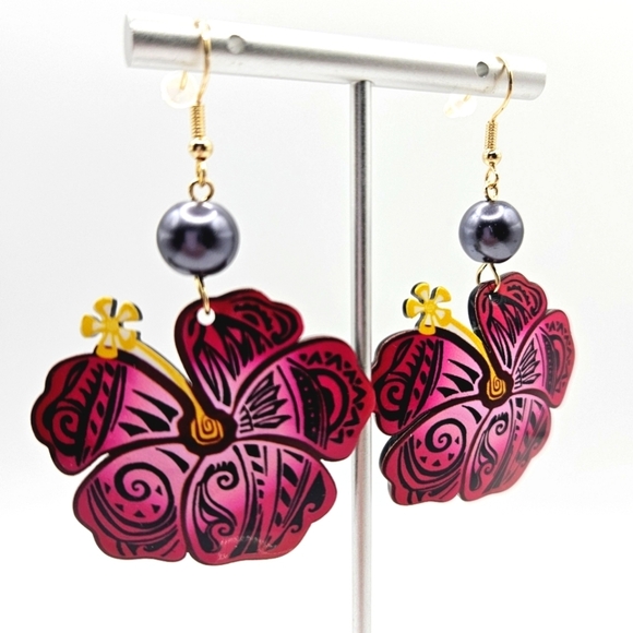 CPink Hibiscus Lightweight Acrylic Tropical Flower Earrings New - Picture 2 of 3
